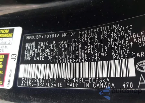2010 Toyota Corolla S from USA, damaged, VIN 2T1BU4EE8AC471717